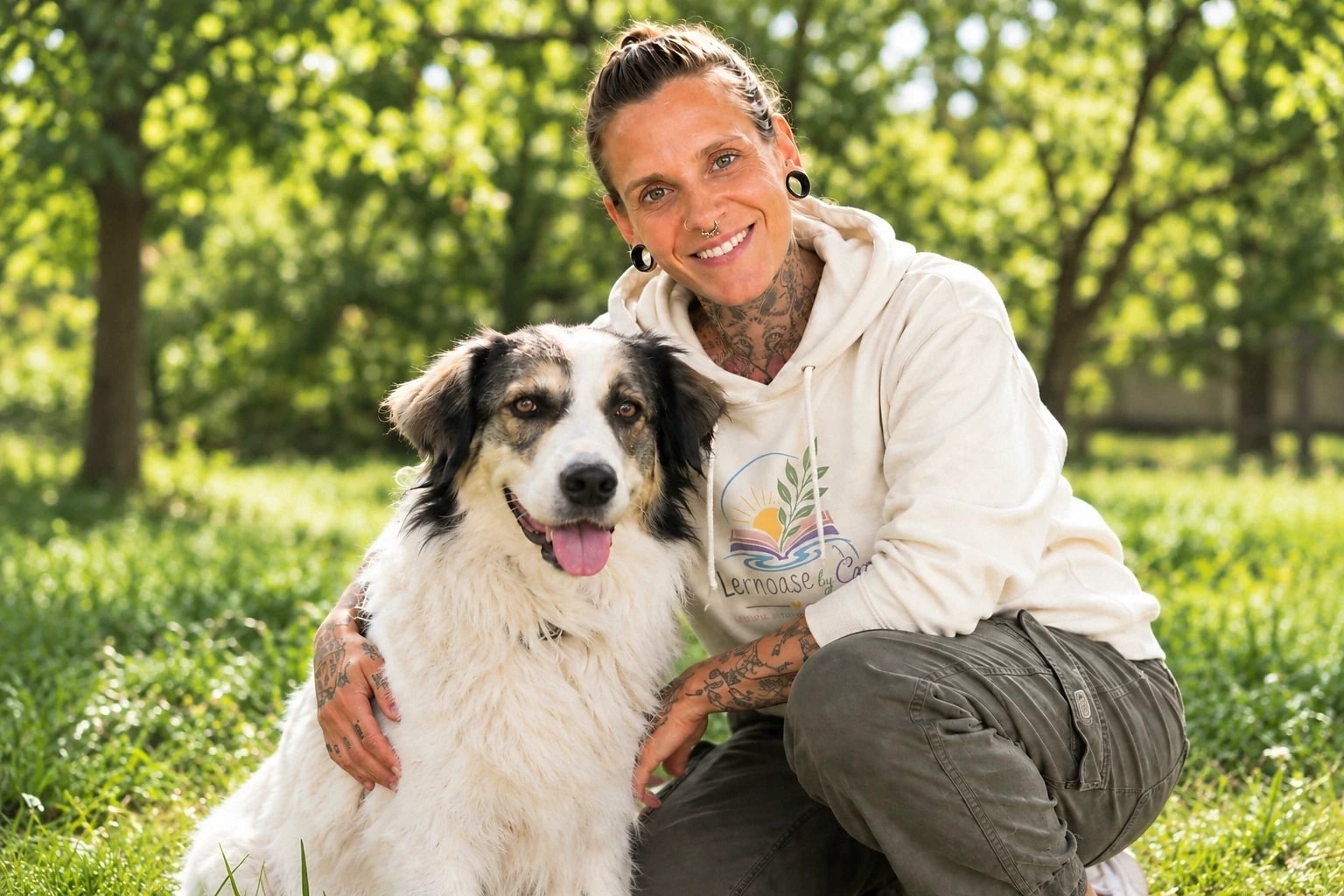 Caroline Wandl im Lernoase-Hoodie mit einem Hund auf einer Wiese