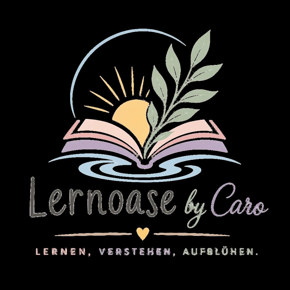 Lernoase by Caro – Logo mit Buch, Sonne, Zweig und Wasserwellen
