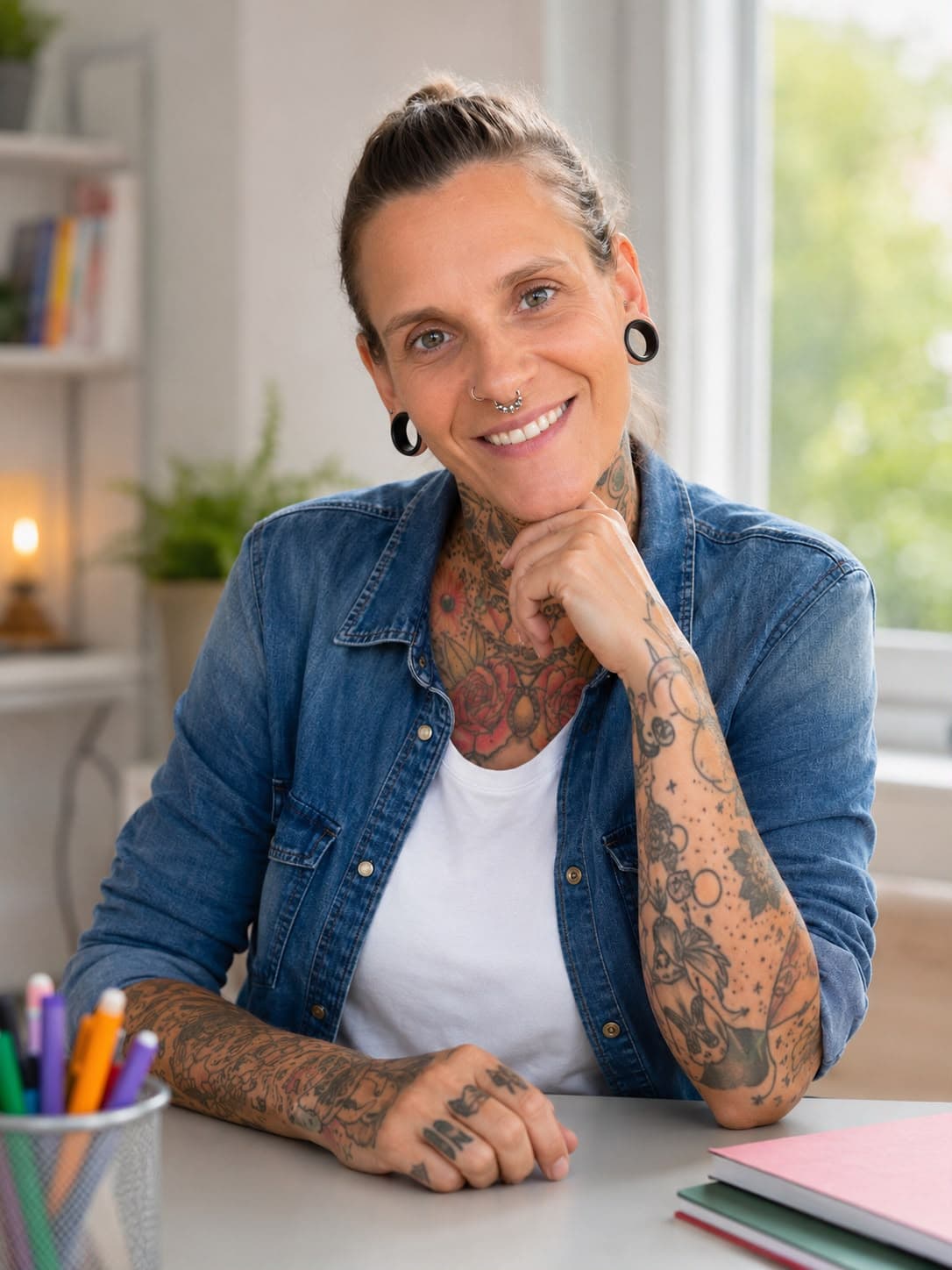 Caroline Wandl, Nachhilfelehrerin bei Lernoase by Caro, lächelnd an ihrem Schreibtisch